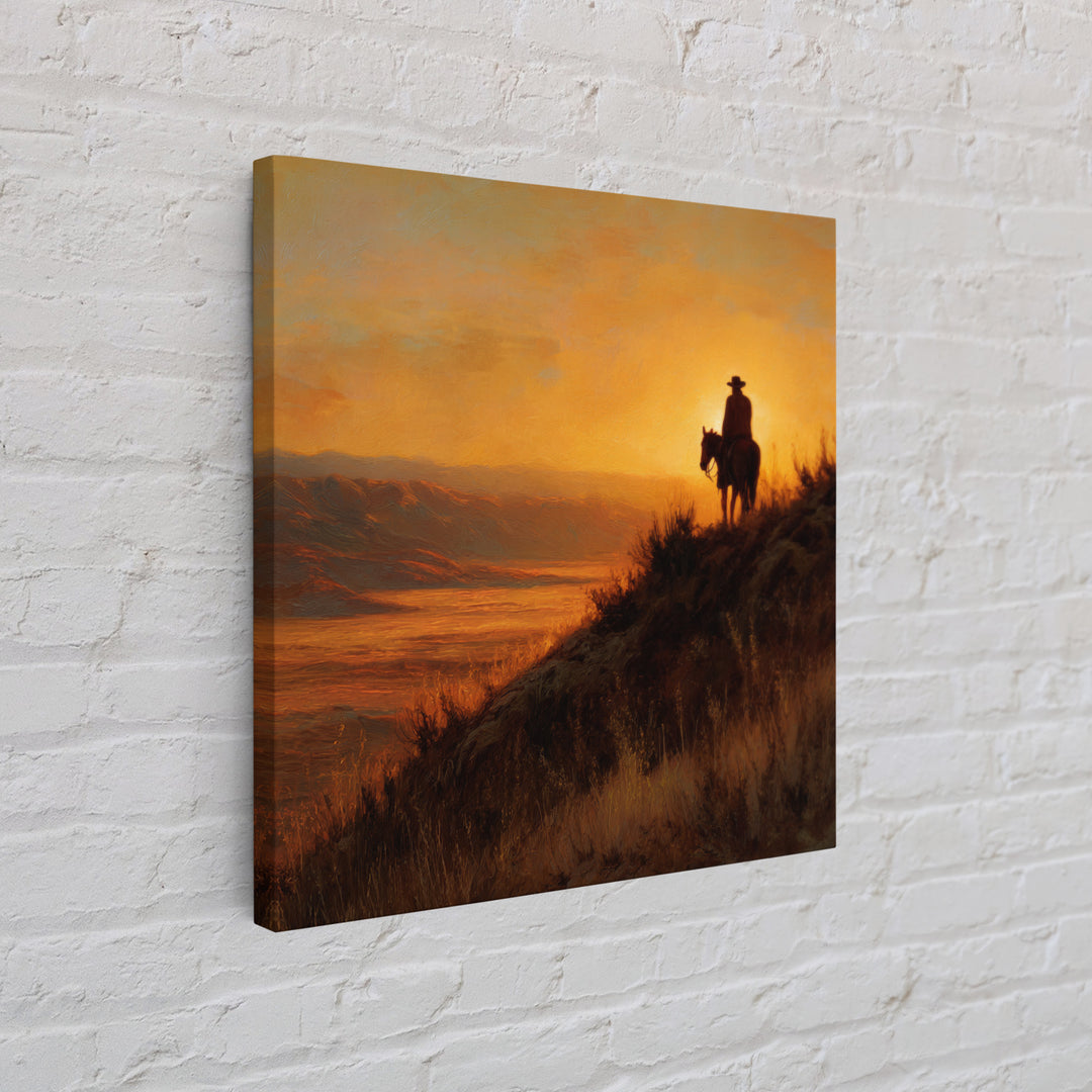 Western Cowboy Sunset Hill Painting Wall Art, Rustic Horse Rider Canvas Print, Warm Desert Landscape Home Decor