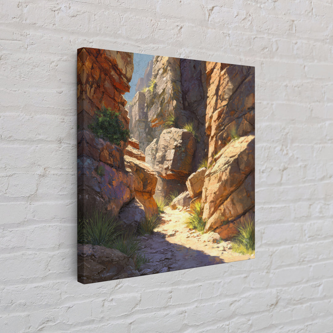 Sunlit Desert Canyon Trail Landscape Wall Art, Warm Southwest Rocks And Sage Green Nature Canvas Print