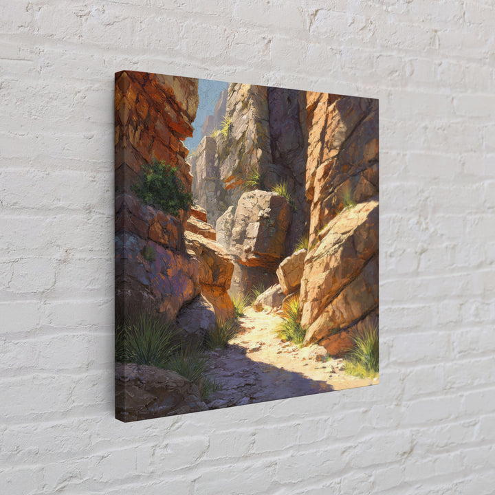 Sunlit Desert Canyon Trail Landscape Wall Art, Warm Southwest Rocks And Sage Green Nature Canvas Print