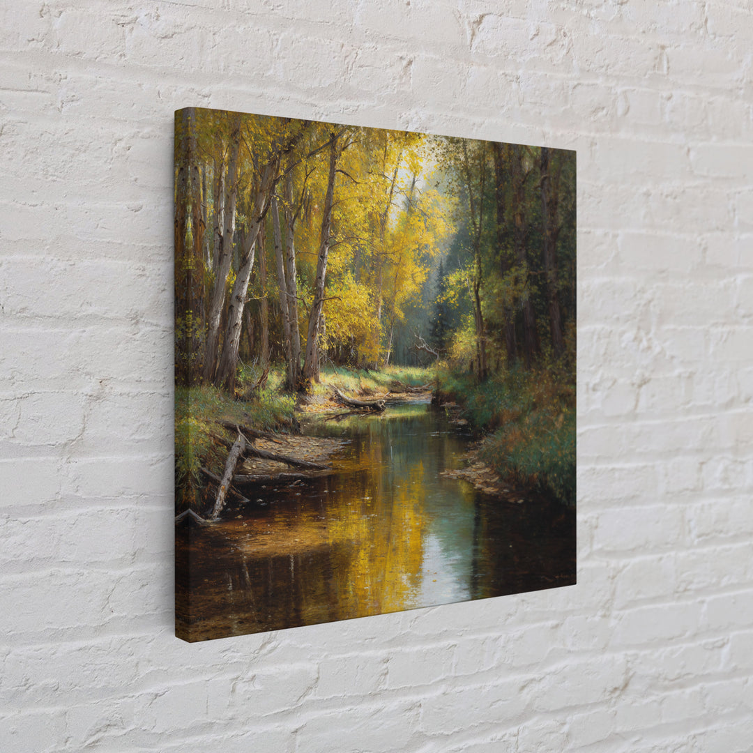 Golden Forest Creek Wall Art, Autumn Landscape Canvas Print, Rustic Nature Painting For Cozy Living Room Decor