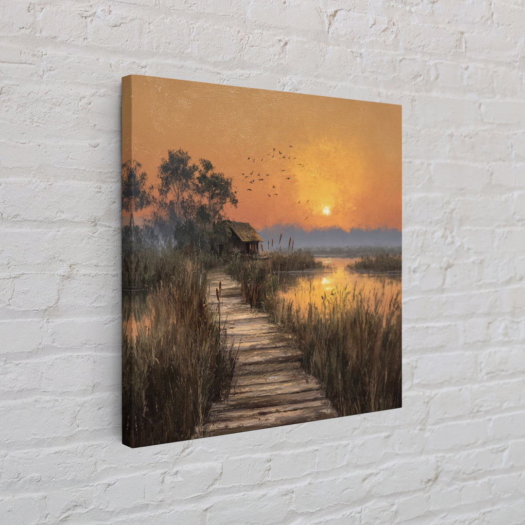 Peaceful Sunset Over Lakeside Cabin And Boardwalk Nature Landscape Wall Art Framed Canvas Print For Living Room