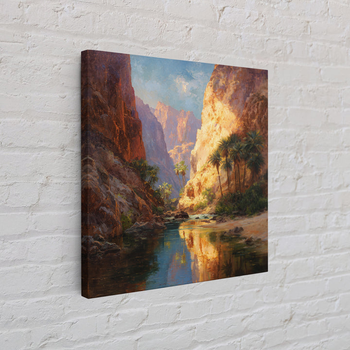 Sunlit Desert Canyon Oasis Landscape Wall Art Canvas Print, Modern Southwestern Nature Painting For Living Room Home Decor
