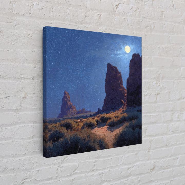 Moonlit Desert Rocks Wall Art, Night Sky Landscape Painting, Southwestern Stars Print, Calming Rustic Home Decor Canvas Print