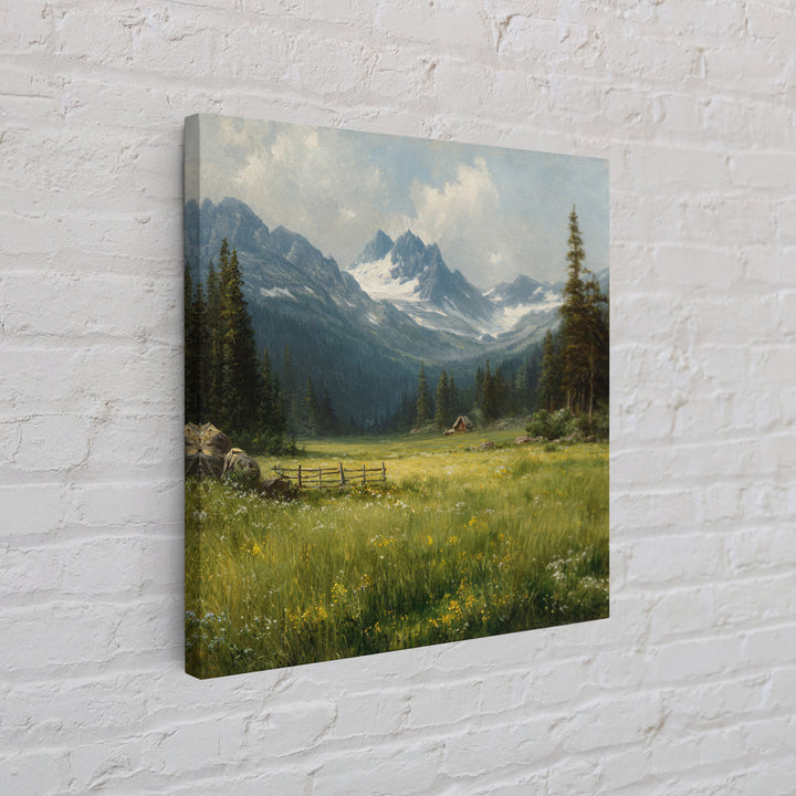 Alpine Meadow Cabin Landscape Wall Art, Mountain Valley Oil Painting Print, Rustic Country Home Decor Living Room Wall Art