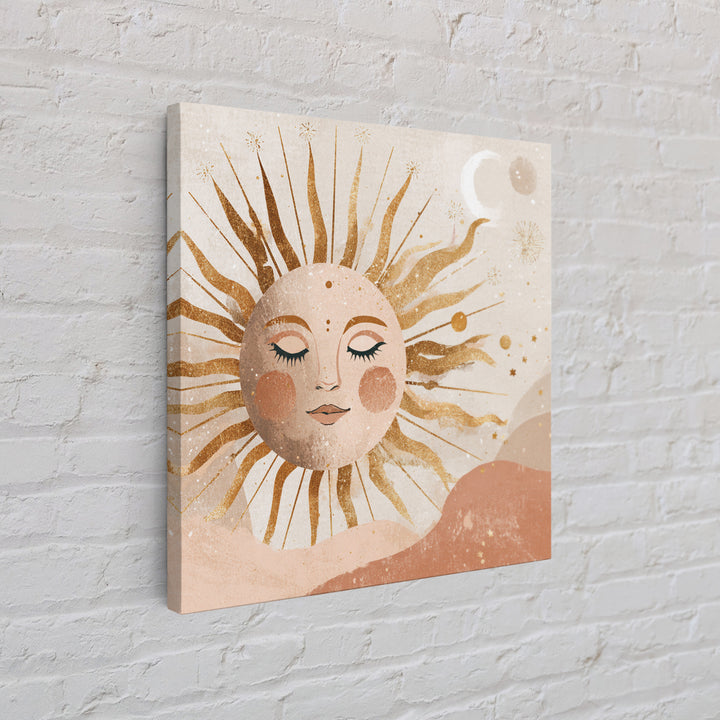 Boho Sun And Moon Wall Art, Celestial Gold Face Print, Whimsical Nursery Decor, Spiritual Bedroom Canvas Gift For Her Home Decor
