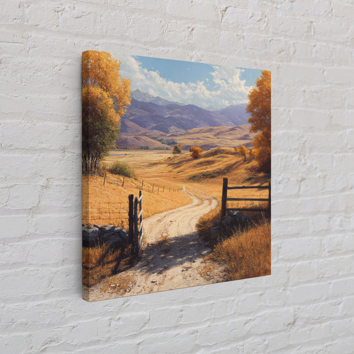 Golden Country Road Autumn Landscape Wall Art, Rustic Farmhouse Canvas Print For Cozy Living Room Decor