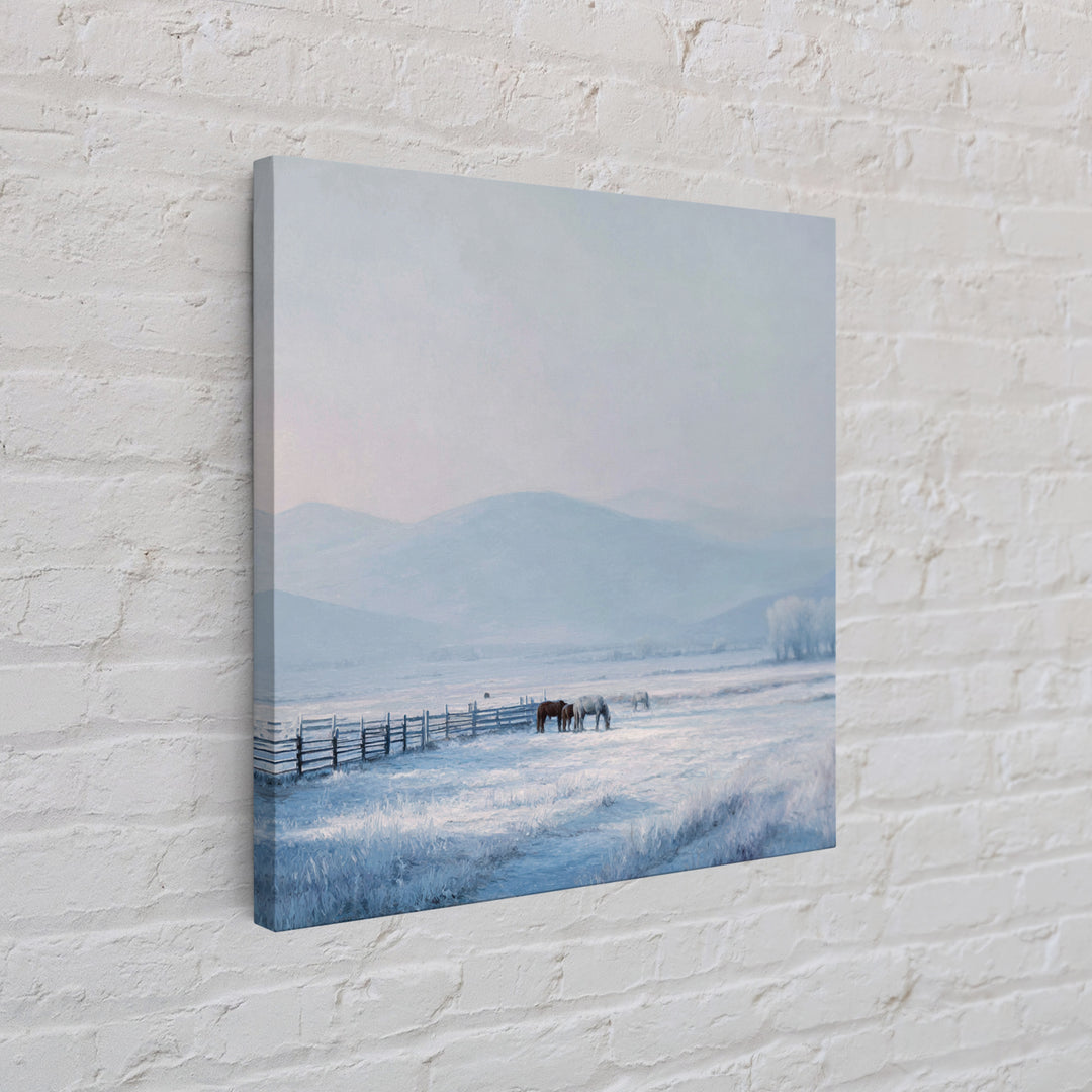 Idyllic Winter Landscape With Horses And Mountains Peaceful Snow Scene Wall Art Framed Canvas Print For Cozy Home Decor