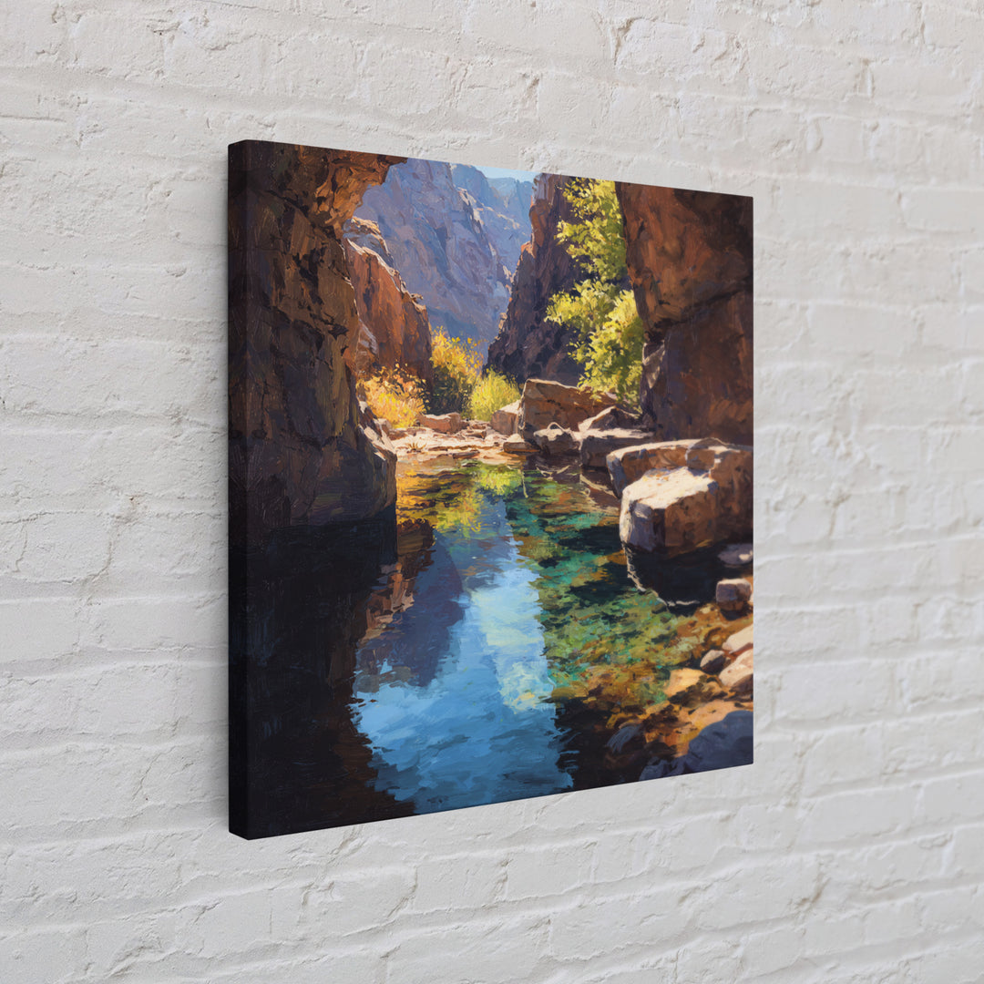 Sunlit Canyon Creek Landscape Oil Painting Wall Art, Nature Mountain Stream Canvas Print, Rustic Cabin Decor Modern Landscape