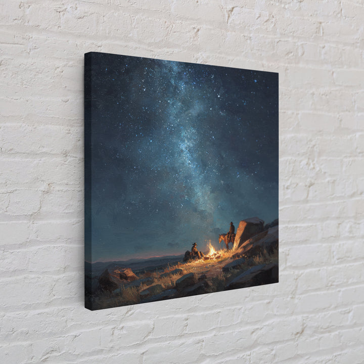 Cowboys By Campfire Under Milky Way Night Sky Wall Art Print, Western Landscape Painting, Rustic Country Home Decor Art