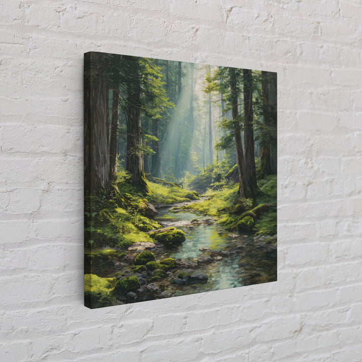 Sunlit Forest Creek Landscape Wall Art Nature Painting Canvas Print Rustic Home Decor Cabin Living Room Wall Art