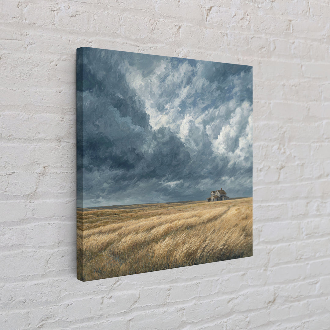 Moody Prairie House Stormy Sky Landscape Wall Art, Large Horizontal Canvas Print, Rustic Farmhouse Decor Living Room Art