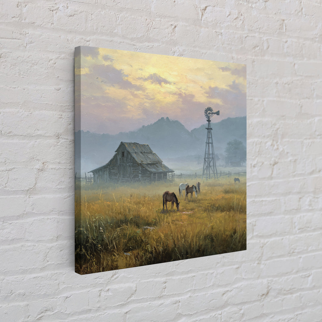 Rustic Barn And Horses Landscape Wall Art Canvas Print, Western Country Decor, Farmhouse Wall Art, Large Living Room Art
