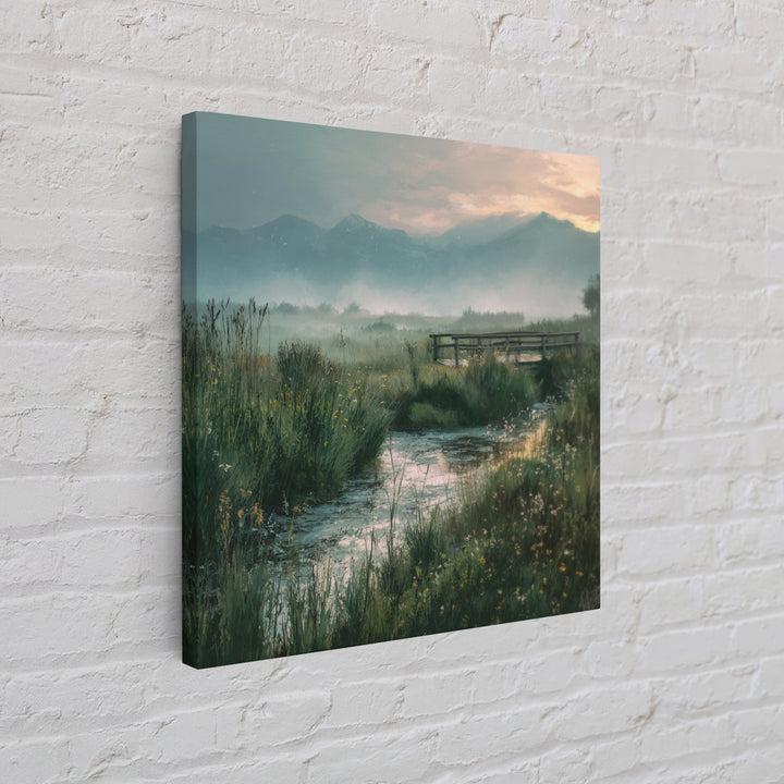 Tranquil Meadow Stream With Wooden Bridge And Mountains Landscape Wall Art Framed Canvas Print For Bedroom Decor