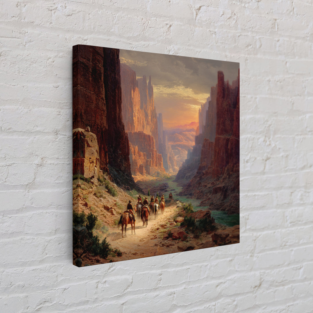 Cowboys Riding Through Canyon At Sunset Wall Art, Western Landscape Painting Print, Rustic Southwest Decor Living Room Art