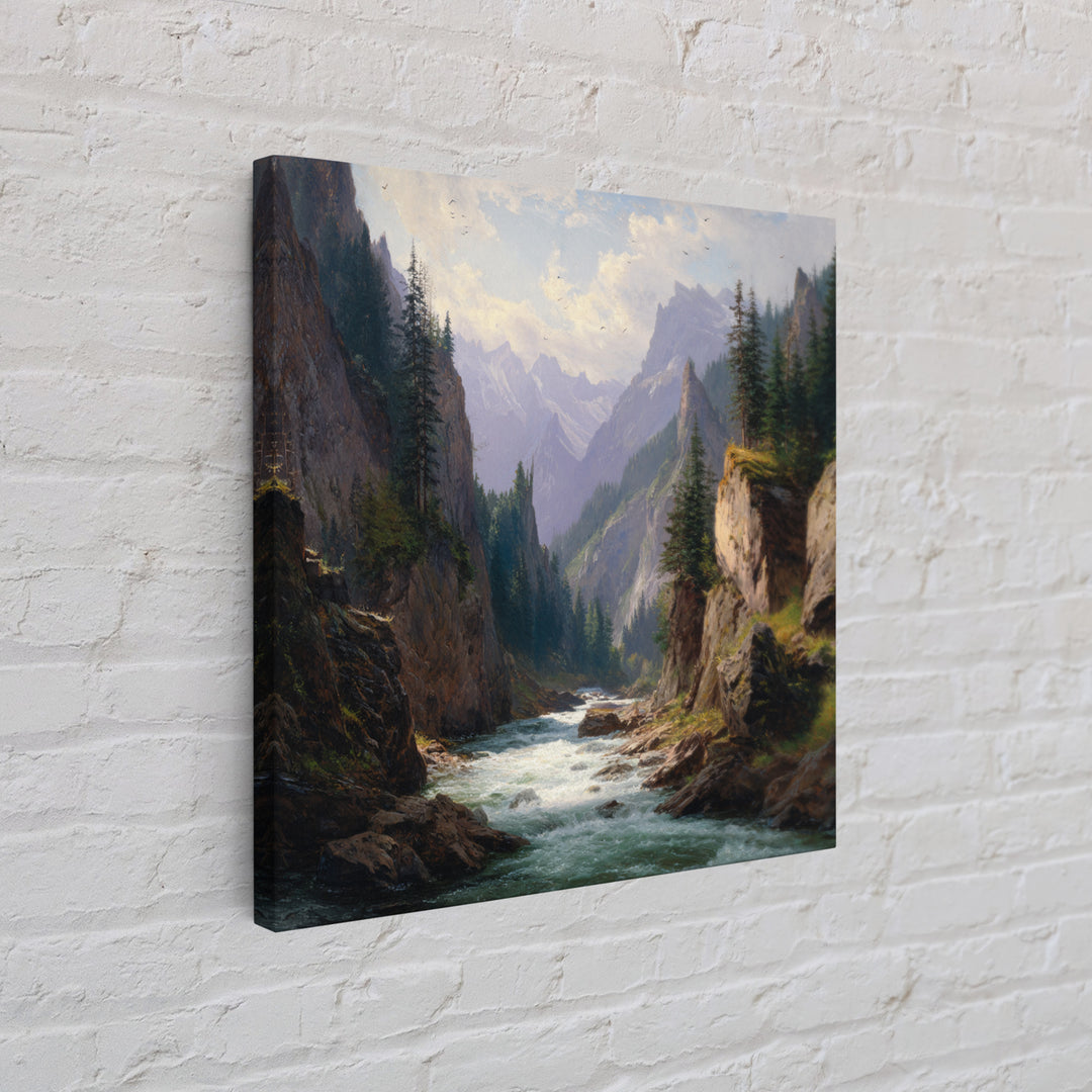 Majestic Mountain River Landscape Oil Painting Wall Art, Large Nature Canvas Print, Rustic Cabin And Living Room Decor