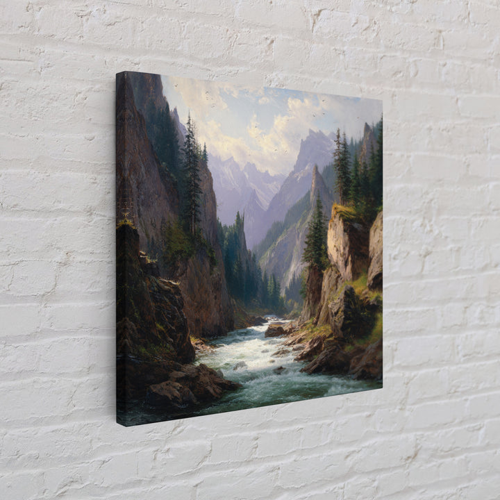 Majestic Mountain River Landscape Oil Painting Wall Art, Large Nature Canvas Print, Rustic Cabin And Living Room Decor