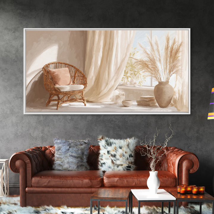Sunlit Wicker Chair And Pampas Grass Framed Canvas Print, Neutral Boho Wall Decor, Cozy Bedroom Art For Modern Home Decor