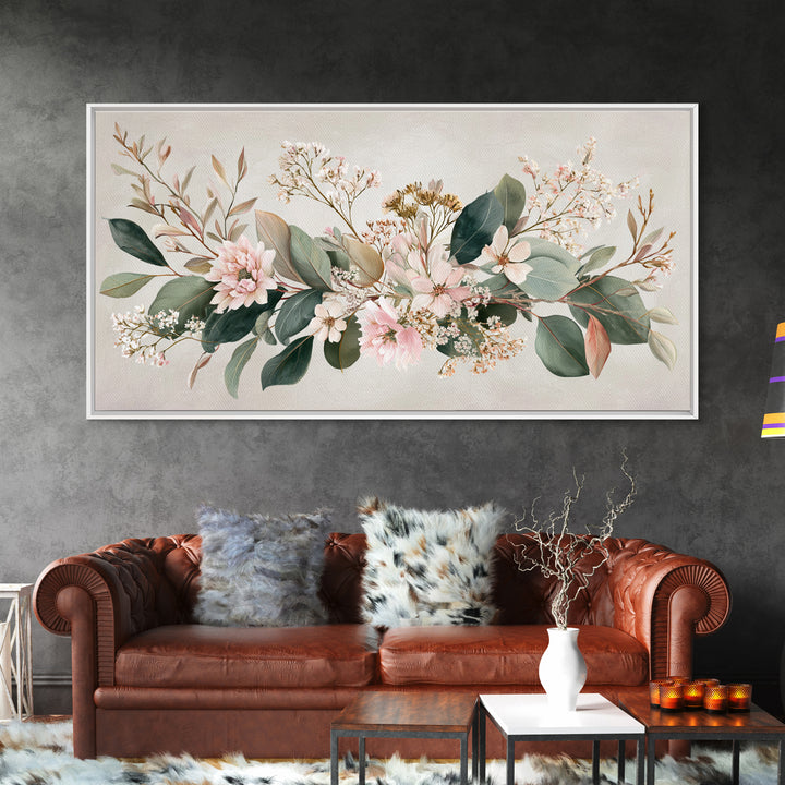 Soft Pink Floral Greenery Canvas Print, Eucalyptus Botanical Wall Decor, Neutral Living Room Art, Modern Farmhouse Decor