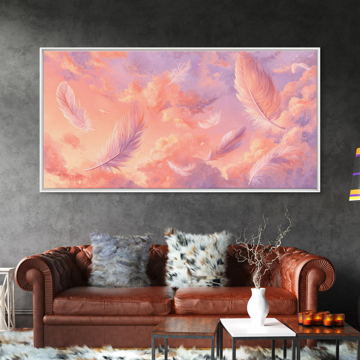 Pink Feather Sky Canvas Print, Dreamy Pastel Cloud Art, Celestial Nursery Decor, Whimsical Bedroom Wall Decor Gift For Her