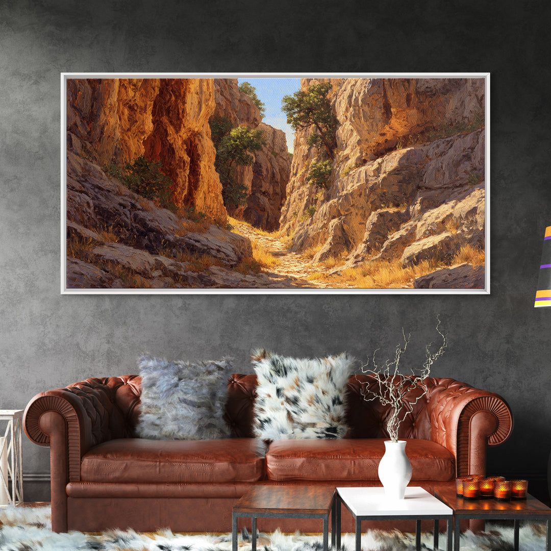 Rustic Canyon Landscape Oil Painting Bright Earth Tone Wall Art Framed Canvas Print Ideal For Living Room Decor Nature Lovers Gift