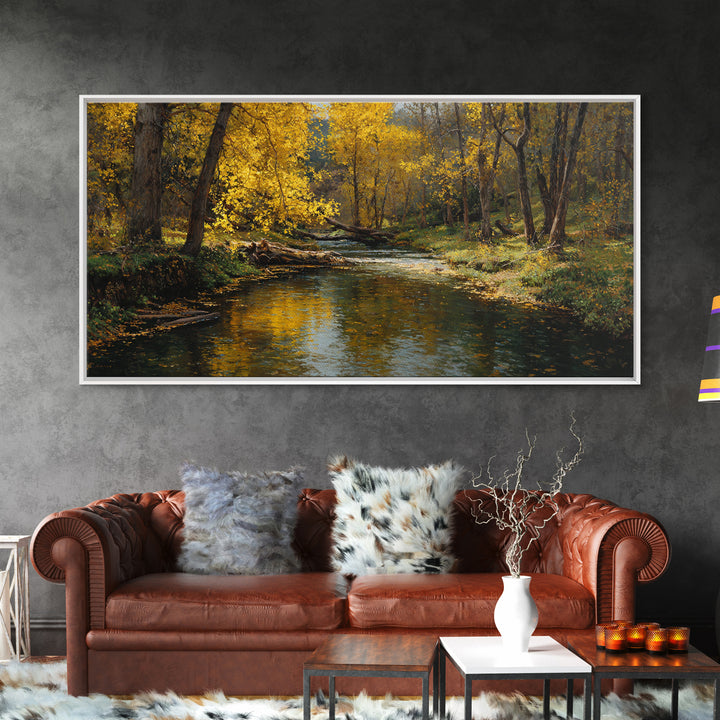 Peaceful Autumn Landscape River Scene Oil Painting Wall Art Canvas Print Rustic Home Decor Large Wall Art