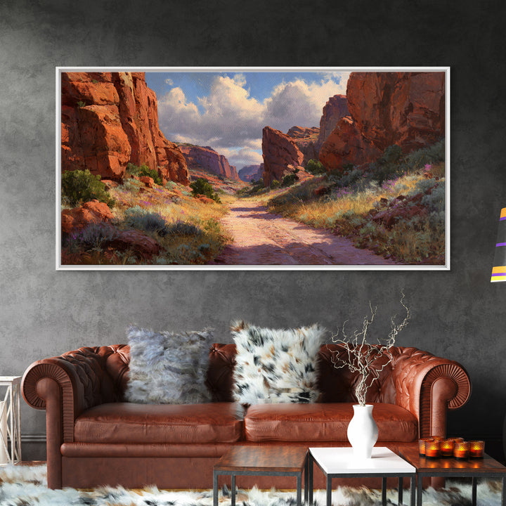 Sunlit Rocky Canyon Landscape With Wildflowers Scenic Wall Art Framed Canvas Print For Rustic Home Decor And Nature Lovers