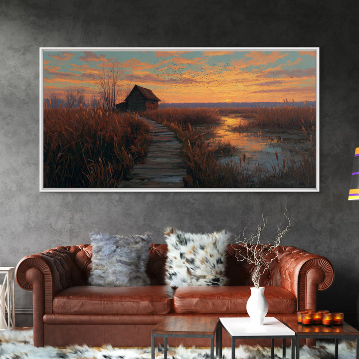 Rustic Autumn Wetland Landscape With Wooden Pathway Original Oil Painting Framed Canvas Print For Cozy Home Decor