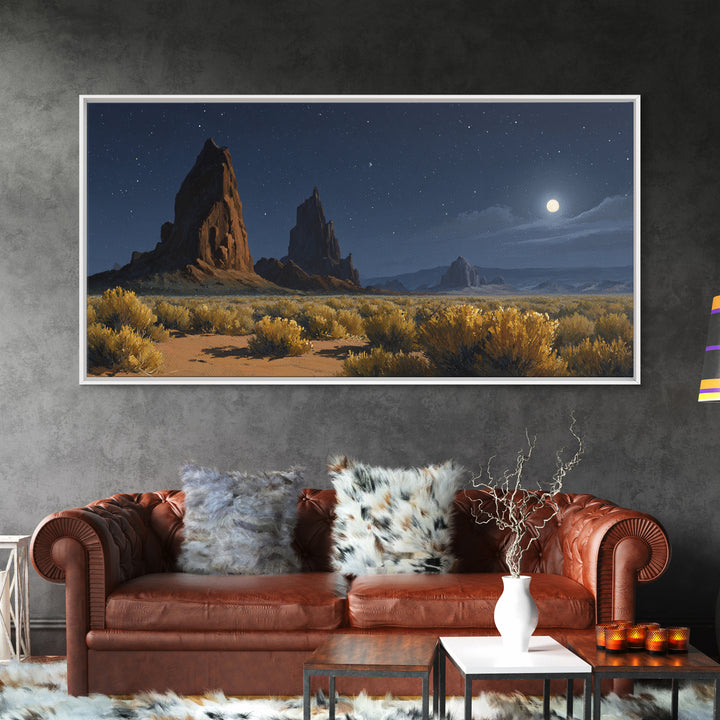 Moonlit Desert Landscape With Majestic Rock Formations And Starry Sky Original Oil Painting Wall Art Canvas Print