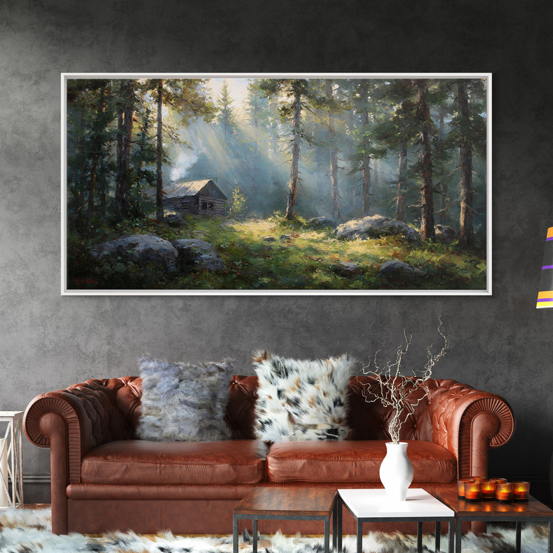 Beautiful Forest Cabin With Sunlight Streaming Through Trees Oil Painting Canvas Print Wall Art