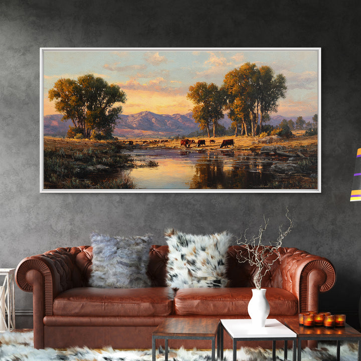 Warm Sunset Over Mountains Large Landscape Wall Art Framed Canvas Print Rustic Nature Home Decor