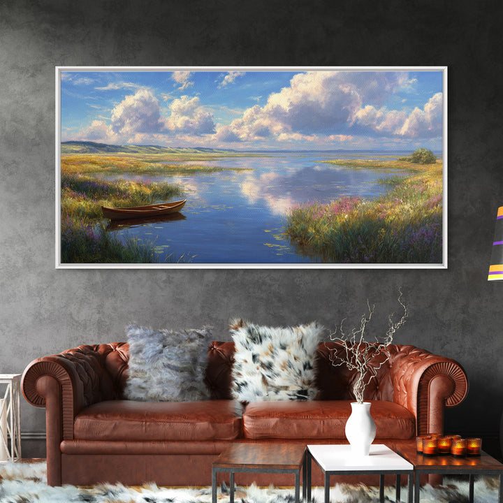 Tranquil Lake Landscape With A Wooden Rowboat in Soft Light Wall Art Framed Canvas Print for Living Room Decor and Home