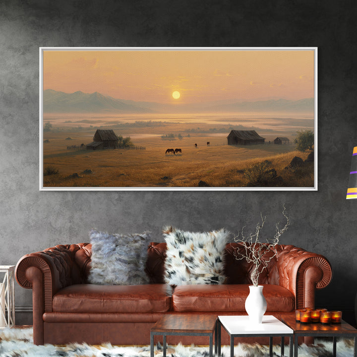 Golden Hour Peaceful Ranch Landscape With Horses Wall Art Framed Canvas Print Rustic Western Decor Original Landscape Home Decor