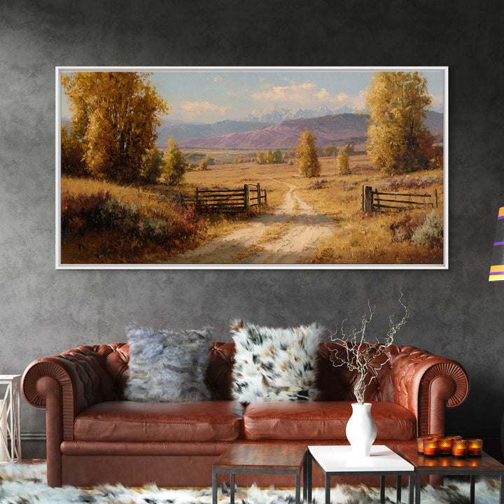 Autumn Landscape With Pathway And Rustic Fence Wall Art Canvas Print For Living Room Decor And Nature Lovers