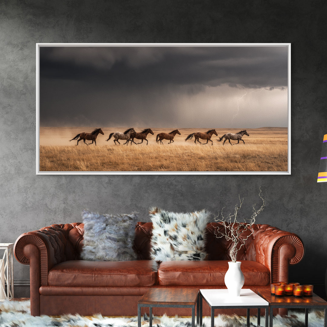 Majestic Wild Horses Running In Field Large Landscape Wall Art Framed Canvas Print Western Farmhouse Decor