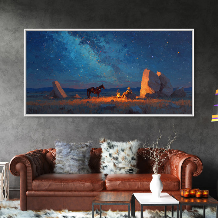 Western Cowboy Night Campfire Scene Oil Painting Canvas Print Large Wall Art Rustic Home Decor