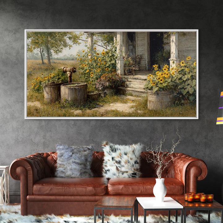 Charming Rustic Farmhouse Sunflower And Well Painting Warm Country Wall Art For Cozy Home Kitchen Decor Canvas Print