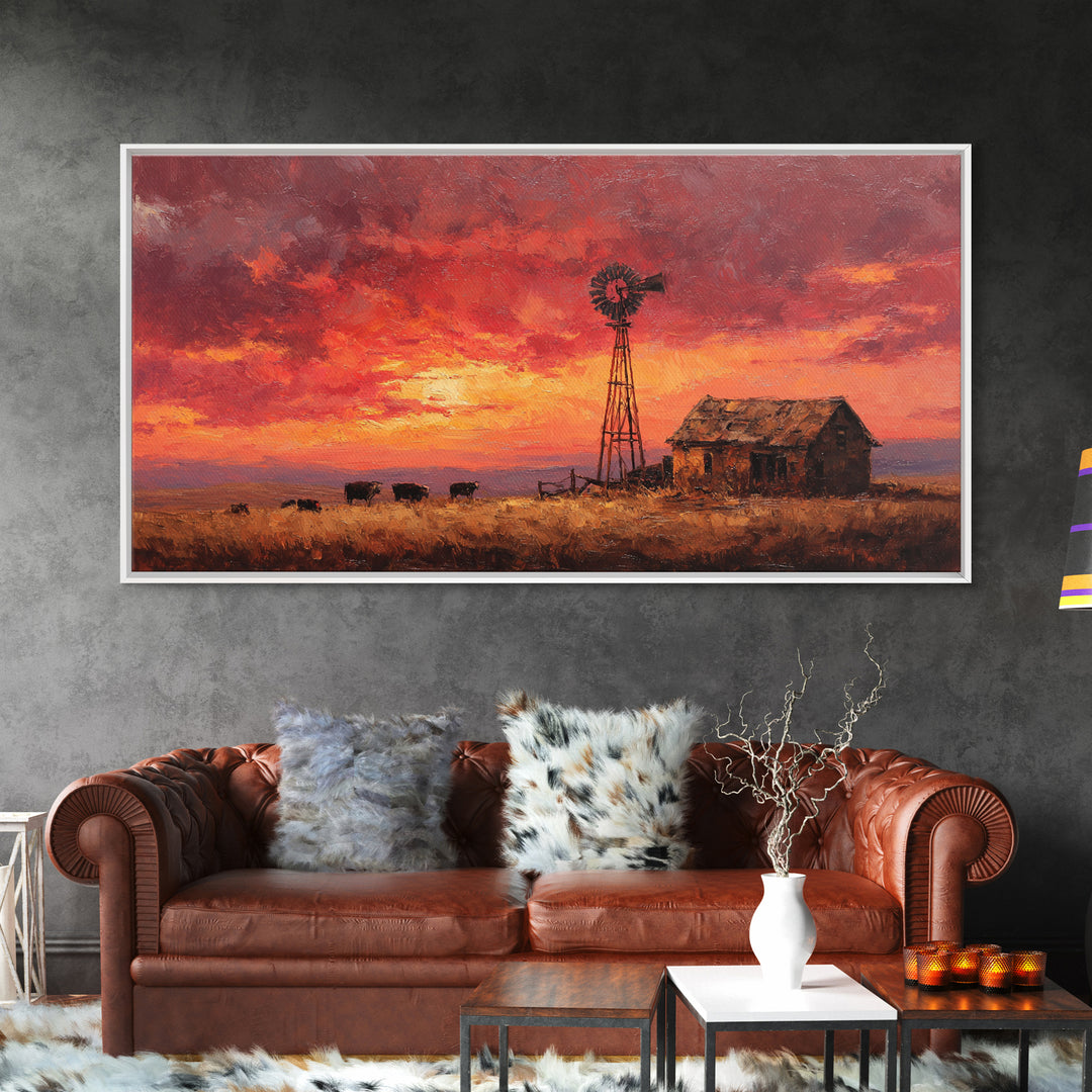 Rustic Western Landscape With Windmill And Cows At Glowing Sunset Framed Canvas Print For Farmhouse Decor