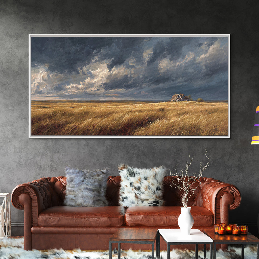 Golden Wheat Field With Rustic House Under Dramatic Sky Landscape Painting Canvas Print For Living Room Decor