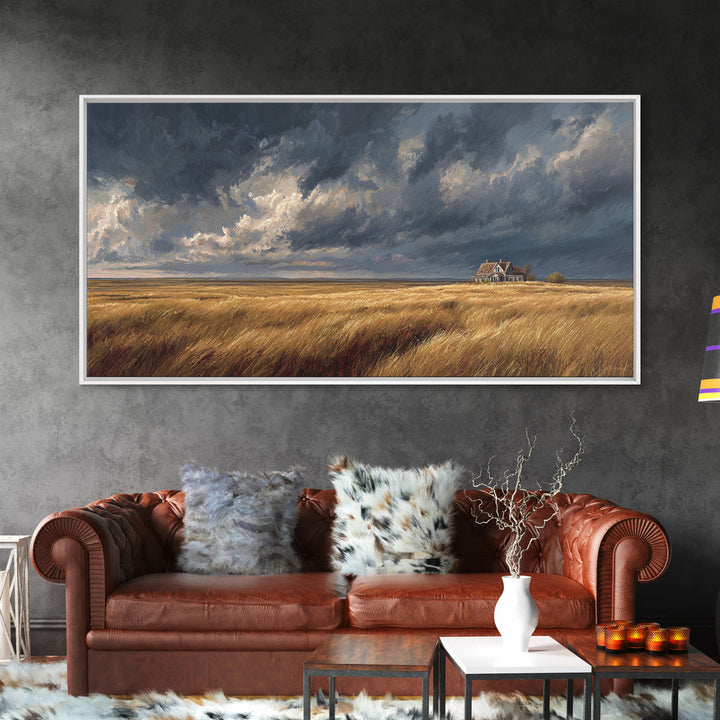 Golden Wheat Field With Rustic House Under Dramatic Sky Landscape Painting Canvas Print For Living Room Decor
