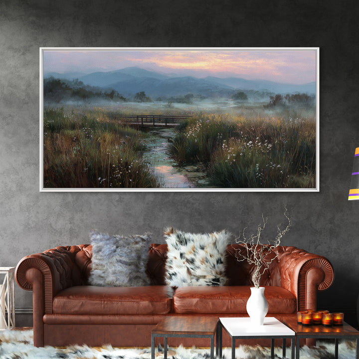 Tranquil Early Morning Meadow Landscape Oil Painting With Bridge Nature Wall Art For Rustic Home Decor Canvas Print