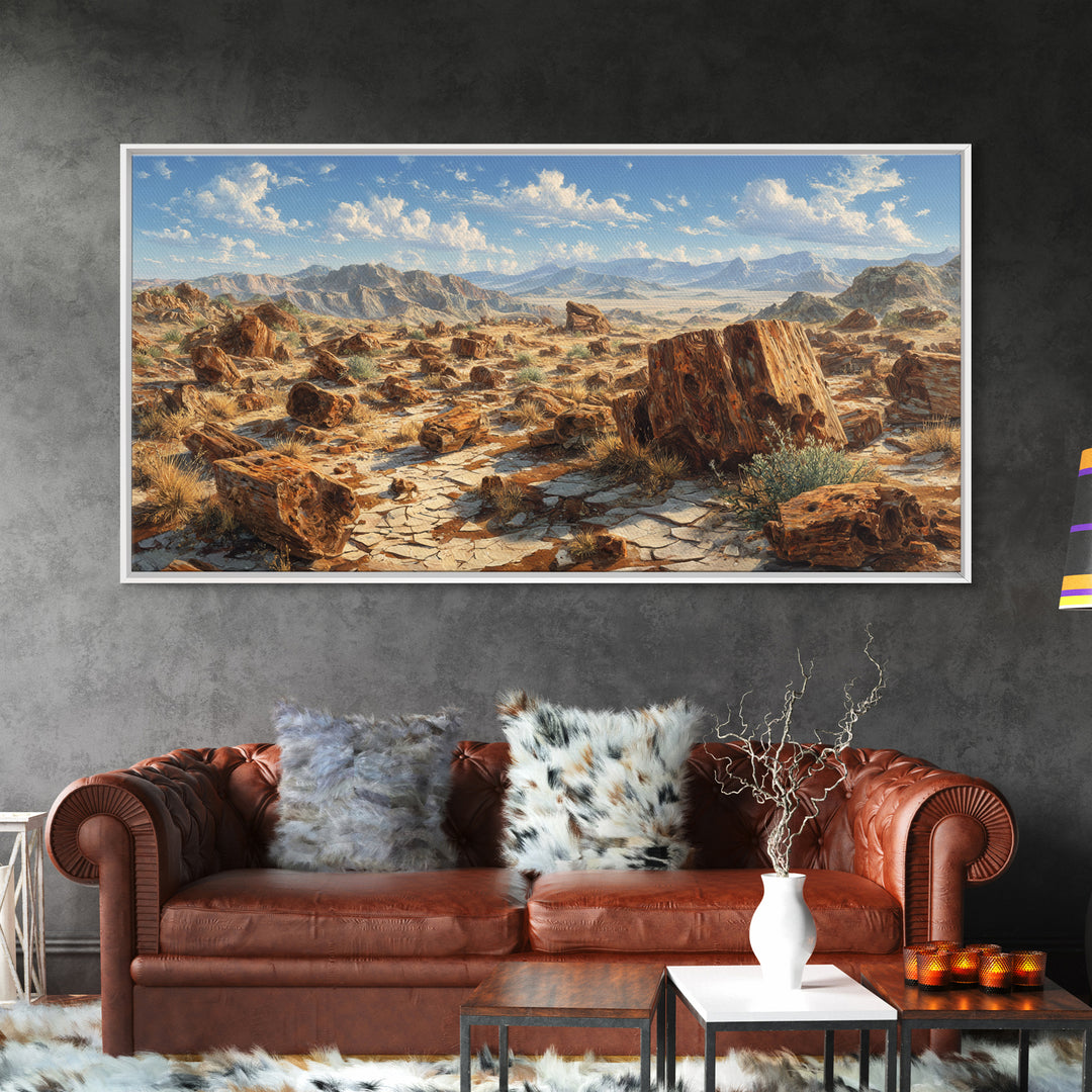 Desert Landscape With Sunbaked Rocks And Mountains Canvas Print Rustic Wall Art Home Decor Modern Southwestern Painting