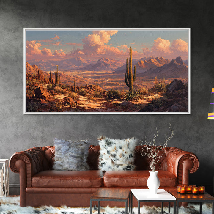 Southwestern Desert Landscape With Saguaro Cacti And Mountains Scenic Wall Art Framed Canvas Print Rustic Home Decor