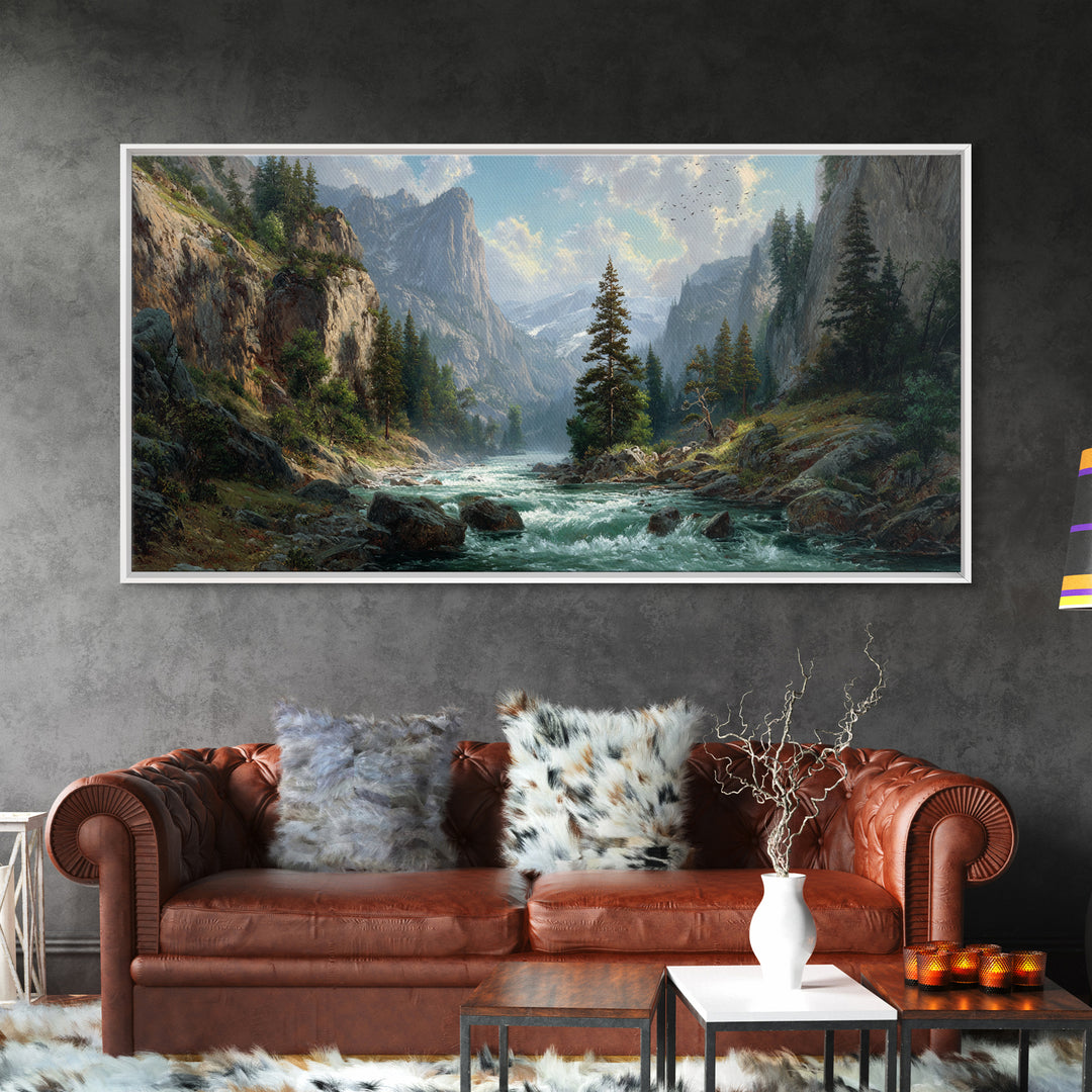 Majestic Mountain River Landscape Painting Large Wall Art Framed Canvas Print Rustic Home Decor Wall Hanging For Living Room Office