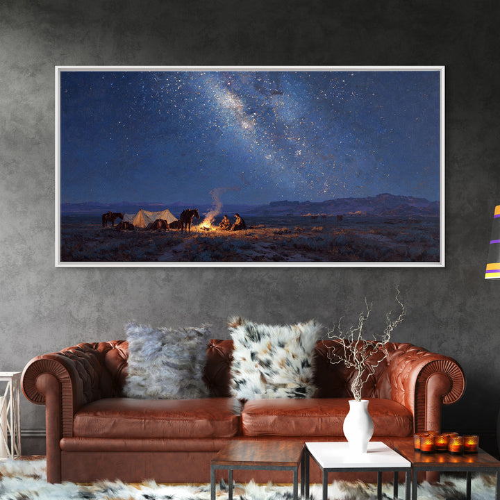 Western Night Landscape Painting With Campfire And Horses Under Starry Sky Wall Art