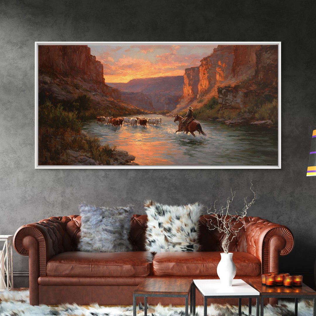 Peaceful Cowboy Herding Cattle At Sunset In Expansive Western Landscape Oil Painting Large Wall Art For Rustic Decor