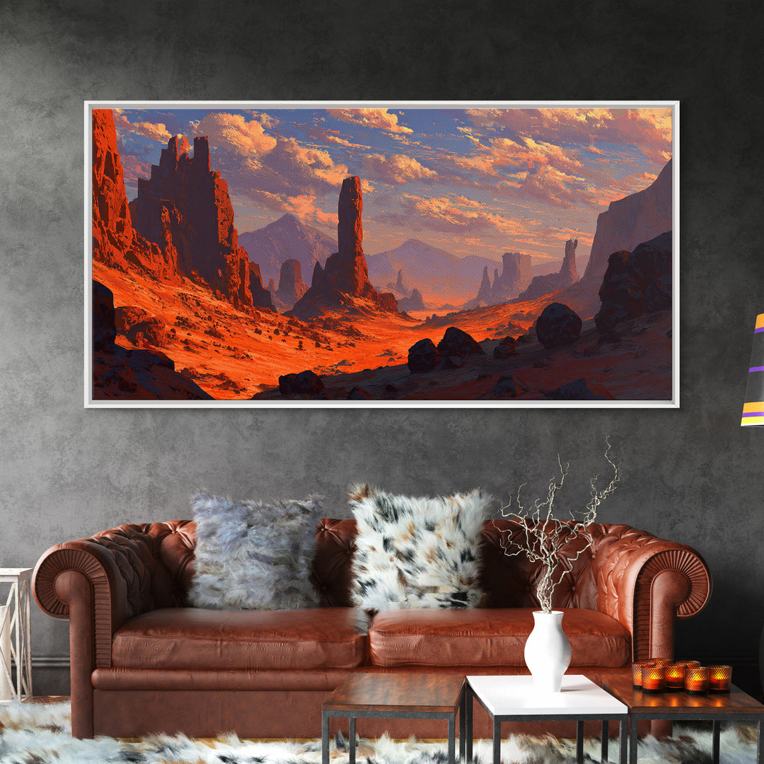 Dramatic Desert Landscape With Rocky Formations And Warm Sunset Sky Fine Art Wall Art Framed Canvas Print