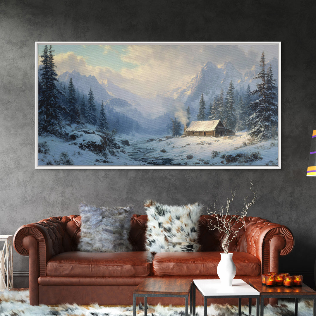 Classic Winter Cabin In Snowy Mountain Landscape Wall Art Framed Canvas Print Rustc Lodge Decor Cabin Wall Art Gift For Men