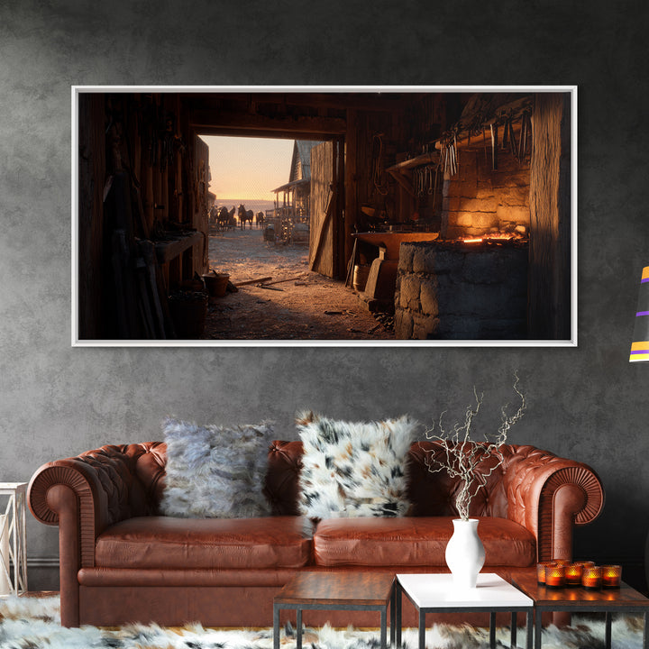 Rustic Blacksmith Forge Interior With Horses Silhouettes Wall Art Canvas Print For Western Decor And Farmhouse Style Home