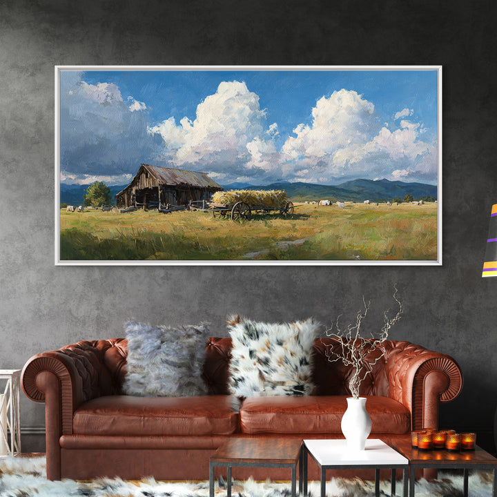 Rustic Barn Landscape Oil Painting Large Wall Art For Farmhouse Decor And Living Room Canvas Print