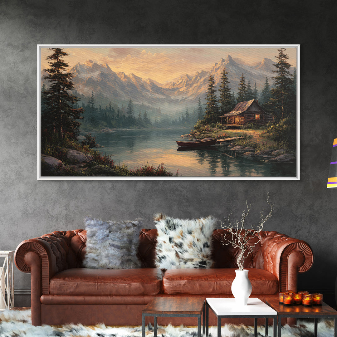 Peaceful Lake Cabin Landscape Canvas Print Quiet Rustic Wall Art Home Decor Tranquil Nature Scene